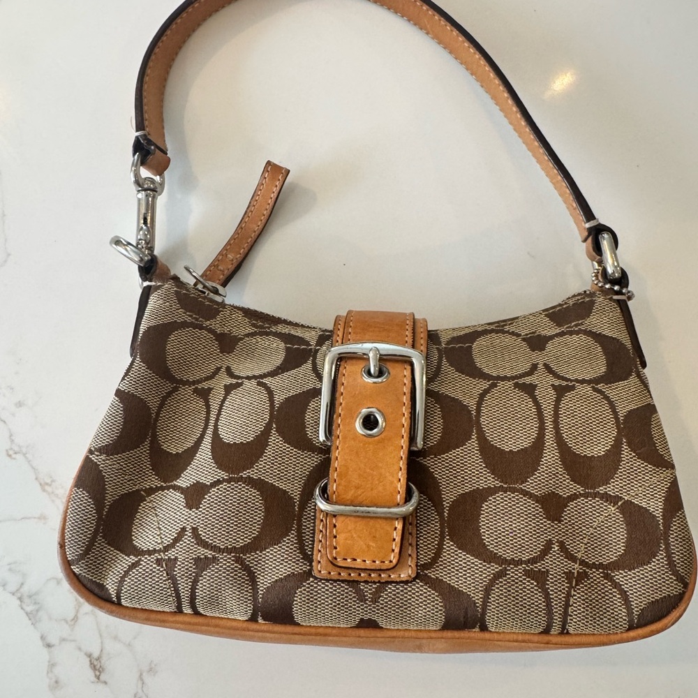 Coach Signature Canvas Mini Shoulder Bag in Brown and Tan